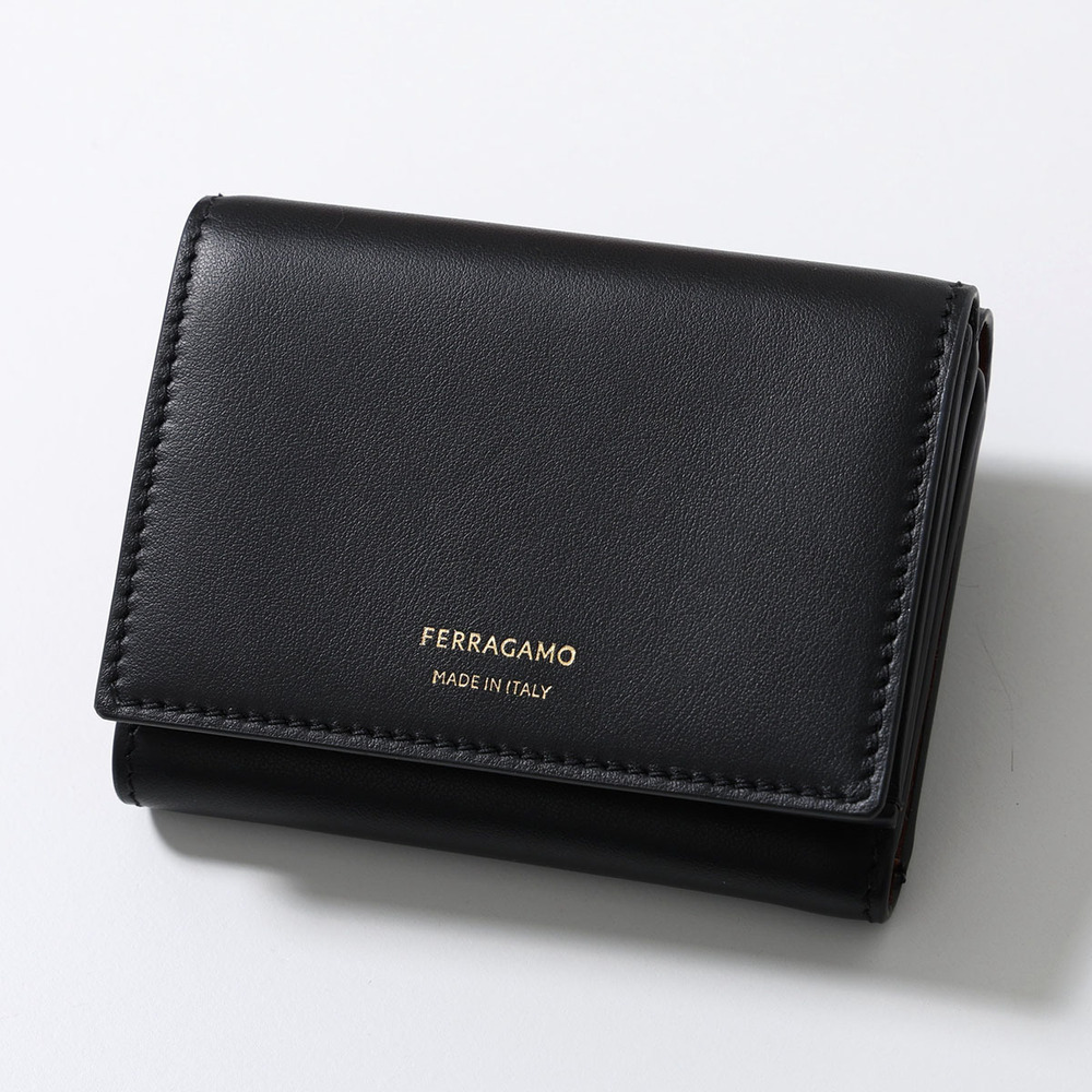 Salvatore Ferragamo Tri fold Wallet COMPACT Leather Bi Nero Black